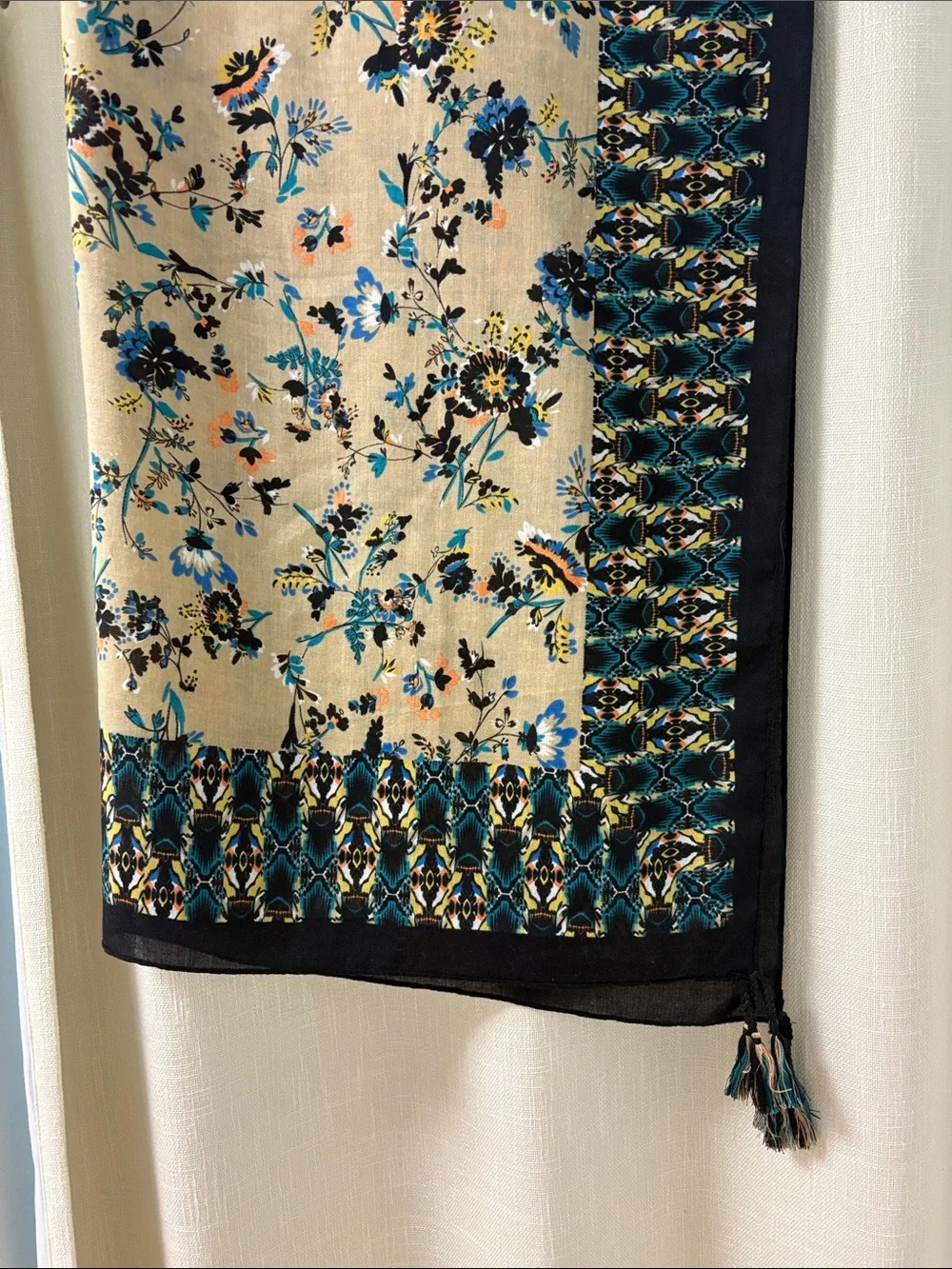 Tassel Scarf - Beige and Teal Floral